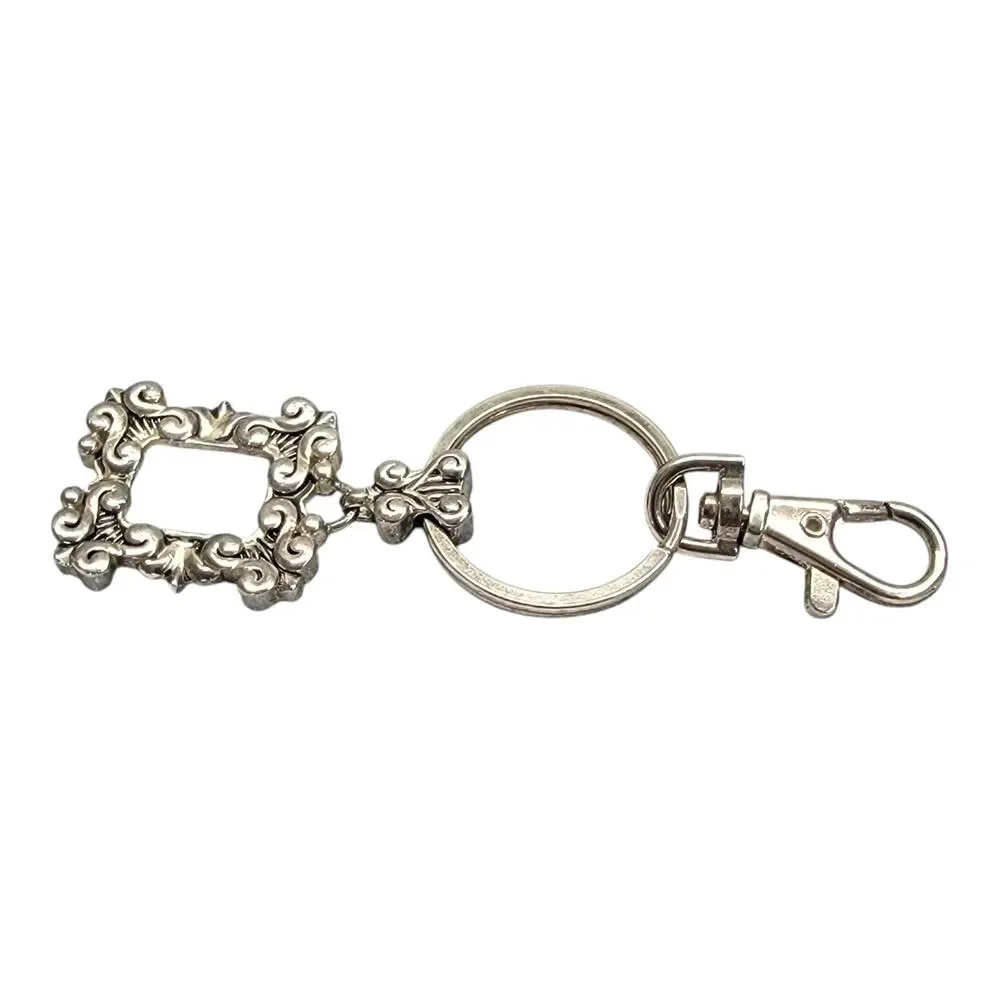 Vintage Ornate Mini Picture Frame Keychain Silver Tone Baroque Charm Key Ring